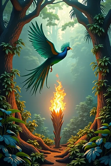 merge into a single image of a Pharomachrus mocinno flying, coat of arms of Guatemala, ceiba and the flag of Guatemala but in the center an animated torch