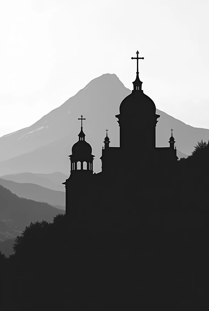 Put the silhouette of the Zempoala hill with 20 peaks that is in Huauchinango Puebla and in front with the silhouette of a church that has the third largest dome. Large above the cross that is in Huauchinango Puebla black and white
