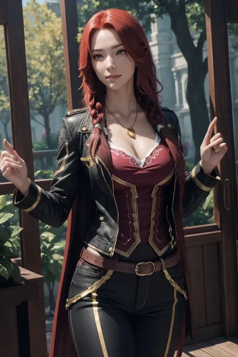 I want to be a powerful figure behind the scenes！,Iris Midgar,Red hair,long hair,Outside flip,with a single braid on one side only,Red eyes,Red Eyes,Beautiful white skin,Black and gold jacket,Black shirt,White long pants,Sapphire necklace,Photorealistic,Ul...