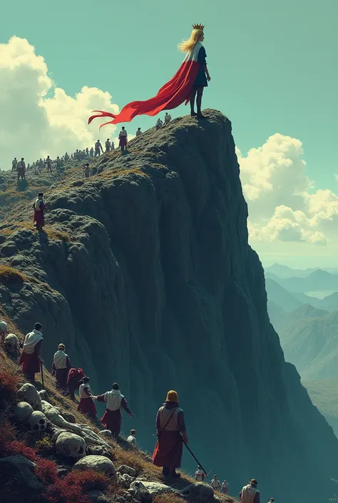 A mountain , which consists of dead people , on the top is a blonde girl with a crown and French flag , On one side, exhausted people try to climb up , which abse fail The mountain consists of dead people , on one hand people try to sound