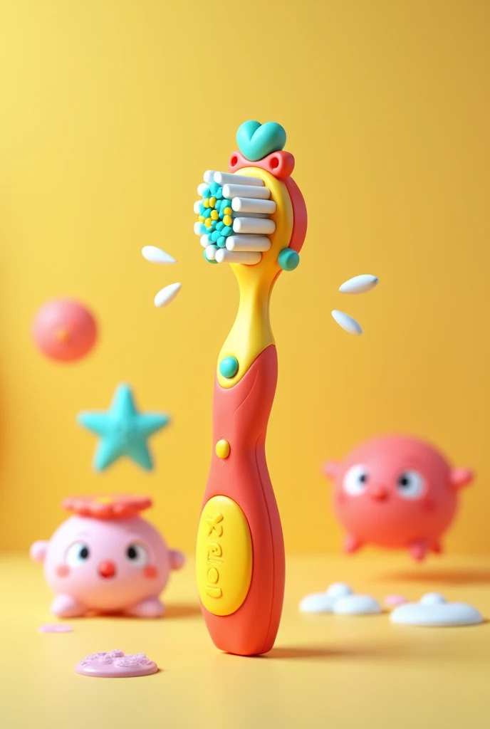 
a childrens toothbrush, colorful, happy,  brushing 