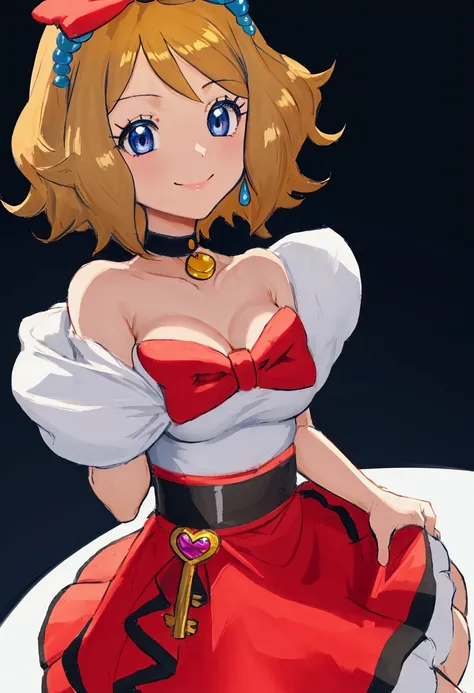 masterpiece, best quality, 1girl,serena (pokemon), short hair, blonde hair, blue eyes, eyelashes, black choker, hair bow, dress, collarbone, large breasts, upper body, smile, looking at viewer, solo, simple background 