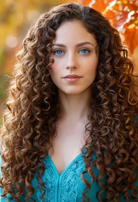 A latina woman in her late twenties, long curly autumn hair, bright blue eyes, pale skin