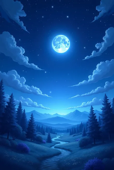 Midnight animated sky with vibrant dark blue colors, silver stars, and the moon for a landscape background