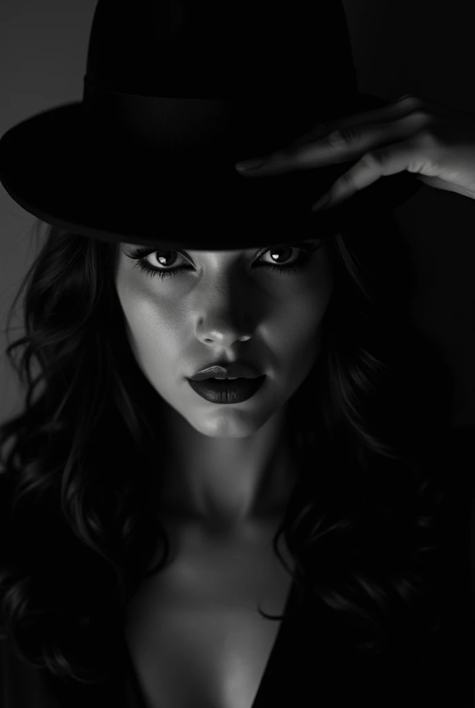 A mysterious face photo in the dark of a femme fatale in a hat  