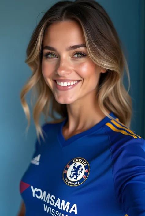 Selfie(best quality)), ((masterpiece)), (detailed), perfect face,perfect body,perfect eyes, smile,tight chelsea jersey