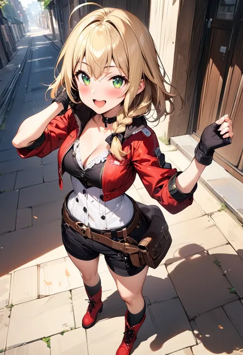 (masterpiece),(best quality),(ultra-detailed),(best illustration),(best shadow),(absurdres),(detailed background),(very aesthetic), 1girl, solo, blonde-hair, braid, boots, ahoge, shorts, gloves, fingerless-gloves, open-mouth, belt, socks, red-jacket, smile...