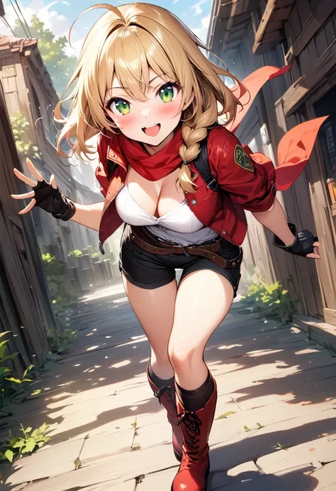 (masterpiece),(best quality),(ultra-detailed),(best illustration),(best shadow),(absurdres),(detailed background),(very aesthetic), 1girl, solo, blonde-hair, braid, boots, ahoge, shorts, gloves, fingerless-gloves, open-mouth, belt, socks, red-jacket, smile...