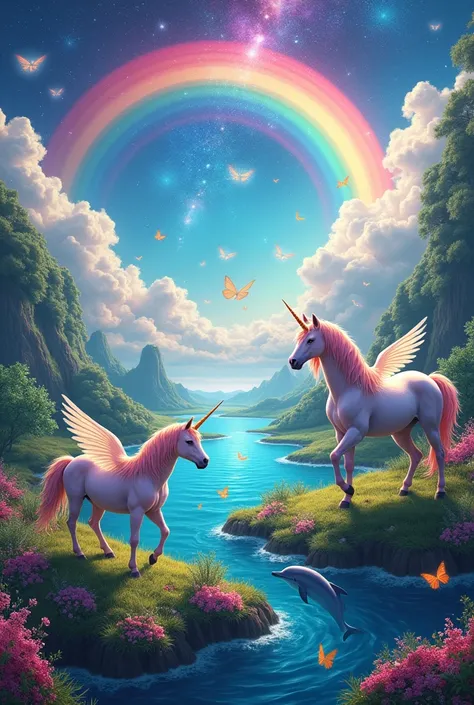 Alicorn Paradise, with rainbow in a paradise and dolphins, butterflies, let the galaxy be seen, that they look very striking. But above all, it saturates with color.