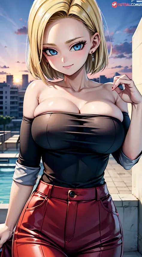 fille sexy, large breast, roof of a hotel, sun set, seductive, chemise blanche, opened shirt, bionde, blue eye, detailed eyes, h...