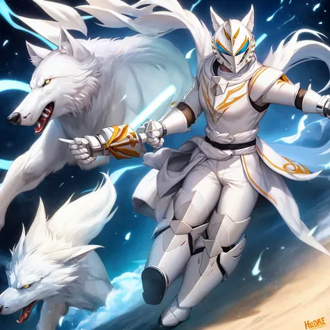 A white wolf Power ranger weaing a wolf themed helmet