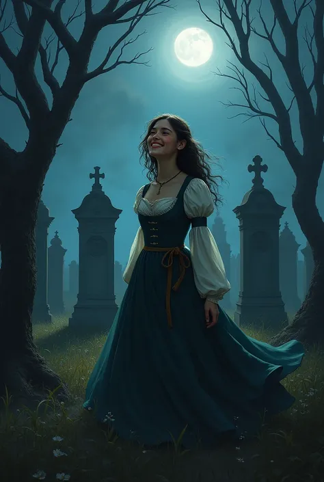 woman in medieval dress, Youngh, laughing in the graveyard with dress around at night 
