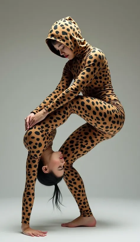 The beautiful Chinese adult girl with beautiful cheeks wears leopard print full lycra dancewear turtleneck unitard catsuit covered with black spots.She wears leopard print lycra elastane dancewear hijab-like zentai hood covered with black spots.She is happ...