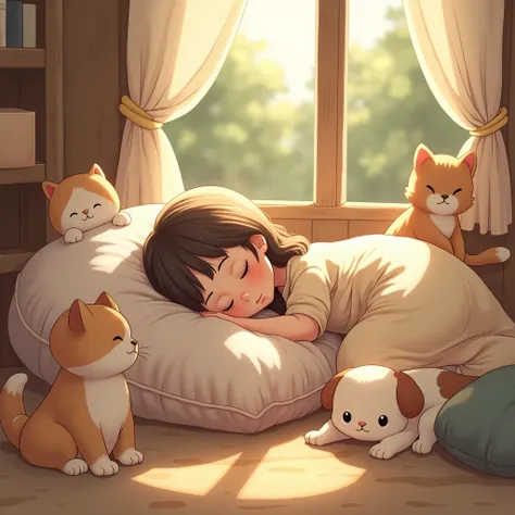 Napping indoors in the sunlight, a girl, cats, puppies, happy scenes, fairy tales,