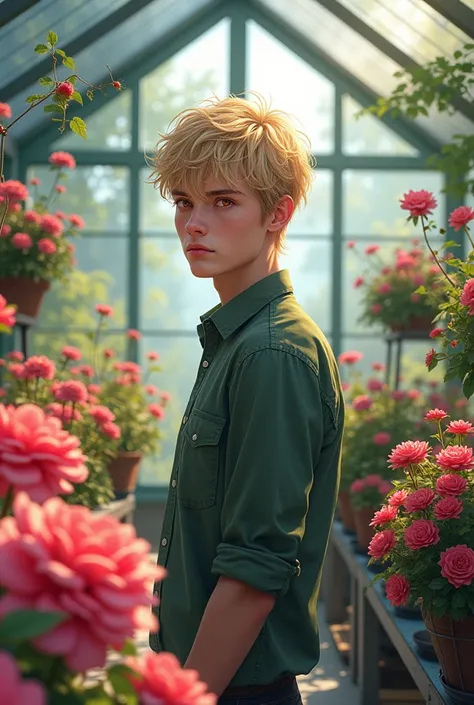 Incredibly soft and beautiful, amazing, finely detail, masterpiece, ultra detailed, a high resolution,best illustration, best shadow,difficult,Sharp Focus,  high quality, 1 man, One, blond hair. Red eyes, effects of Kave Genshina, Glass greenhouse, Flowers...