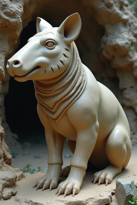 A tapir made of rock, sphynx look alike, indigenous woman fac