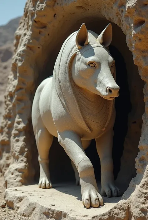 A tapir made of rock, sphynx look alike, indigenous woman fac