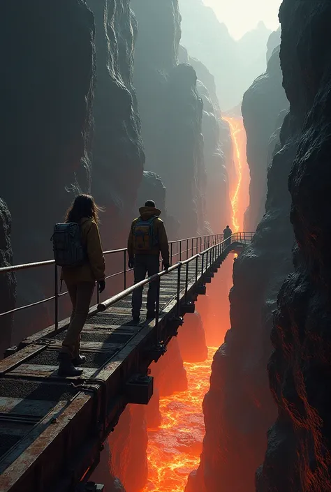 A dark cave with a huge cliff with a river of lava and a long, rusty iron bridge connecting the exit of the cave and the other part of the cave with the exit to a mountain.. And there are also two scientists, a young man and a woman with loose hair, about ...