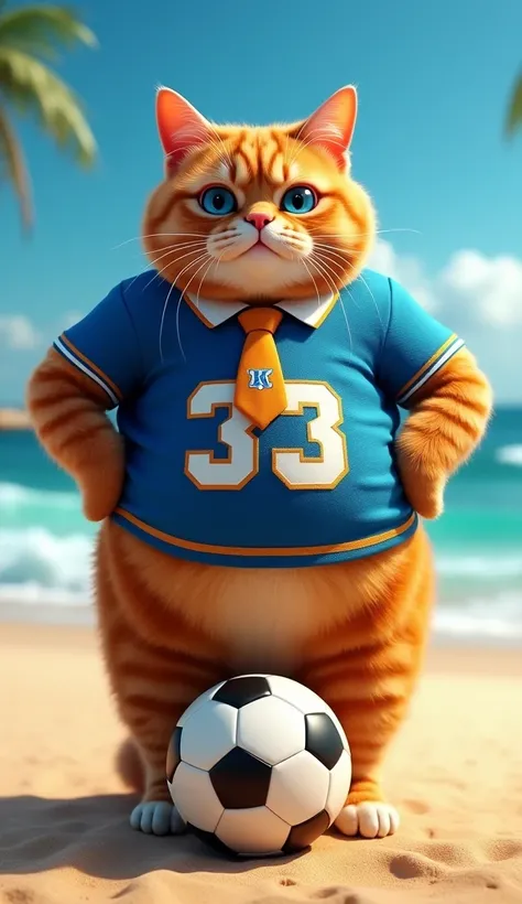 Make a picture of a fat, obese orange cat with blue eyes, flat nose, facing the camera, wearing a football shirt and tie, stepping on a football ball with a beach background, wide, full body, 8k super realistic