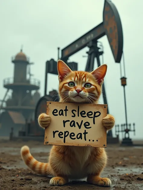 cat holds a sign that says "eat sleep rave repeat" and pumpjin