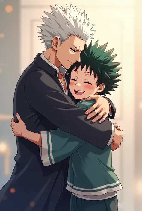 I want you to create me an image of Gojo from the Jujutsu Kaisen anime with Deku from My Hero Academia together hugging for a frontal photo