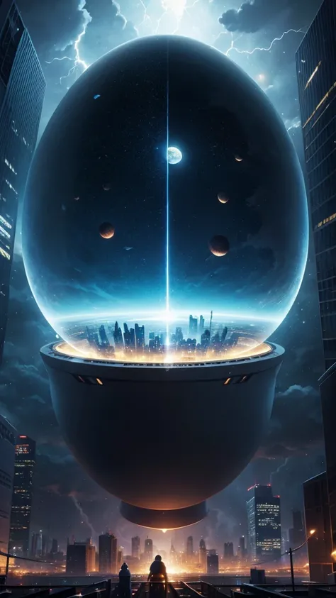 Space egg in a city tunderstorm