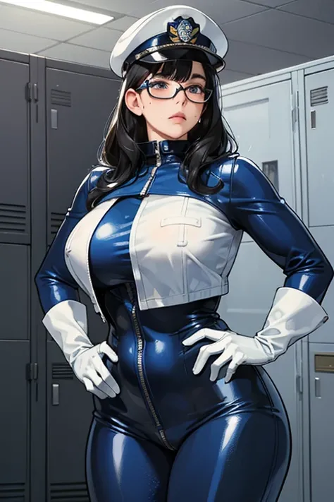 A chubby, black-haired, freckled girl with glasses wearing a blue patent leather catsuit, white gloves, white boots and a police cap is taking a break in the locker room with a tired face and sweat　submachine gun