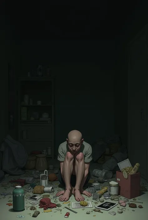 sad person with many objects around him

