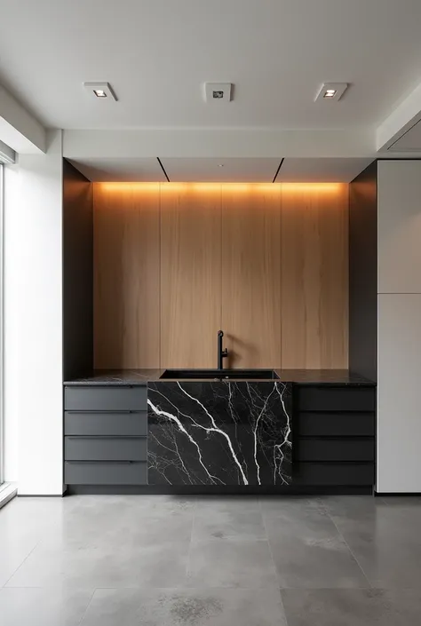 Gourmet area wall in ice white, The sink wall has a wood finish., gray porcelain floor, black countertop,  sink in black marble,  and barbecue on the gray coating 