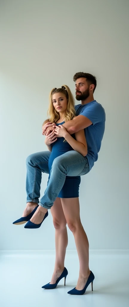 A photograph of a teenage, strong woman with long, blonde hair in pig tails, wearing a fitted, casual blue dress with high heels. She is confidently holding a man on her shoulders, his legs dangling as he appears relaxed and comfortable. The man has a bear...