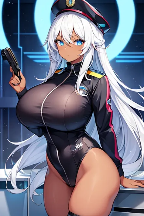 1girl, dark skin, dark-skinned female, police uniform, police, white hair, long hair, blue eyes, police hat, huge breasts, wide hips, thick thighs, policewoman, futuristic, neon trim, science-fiction, machinery, tech, blue trim, glowing eyes, toned female,...