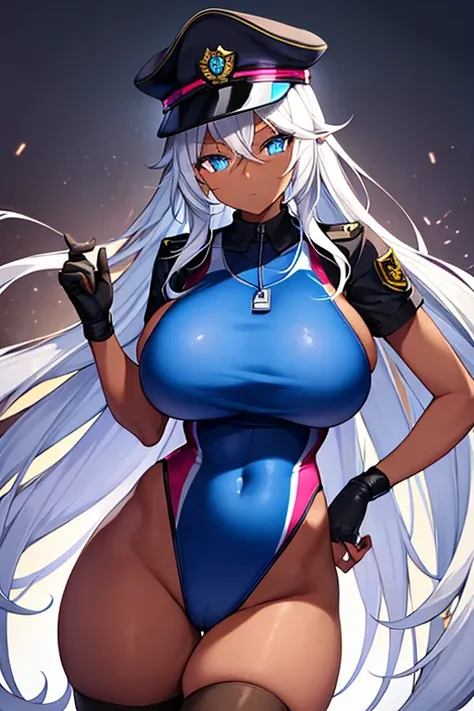 1girl, dark skin, dark-skinned female, police uniform, police, white hair, long hair, blue eyes, police hat, huge breasts, wide hips, thick thighs, policewoman, futuristic, neon trim, science-fiction, machinery, tech, blue trim, glowing eyes, toned female,...