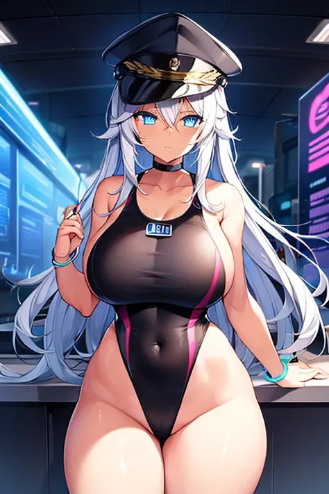 1girl, dark skin, dark-skinned female, police uniform, police, white hair, long hair, blue eyes, police hat, huge breasts, wide hips, thick thighs, policewoman, futuristic, neon trim, science-fiction, machinery, tech, blue trim, glowing eyes, toned female,...