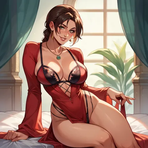 Random point of view lara croft in red dress large breasts cleavage ultrarealistic thong random pose bedroom body jewelry lingerie ultra sexy smile transparent 