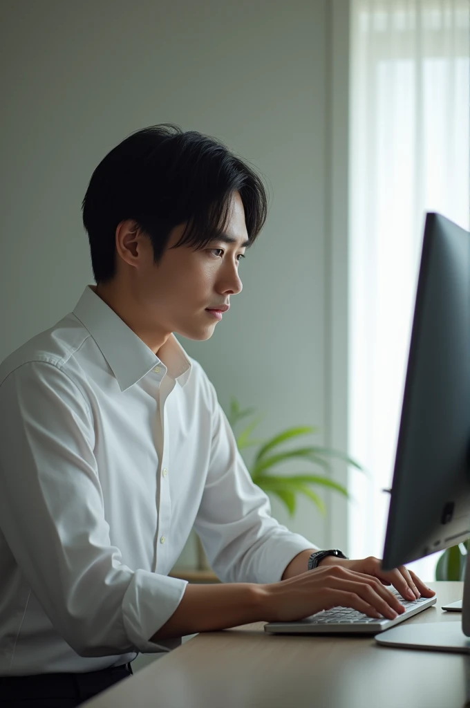 Japanese man with straight hair using computer