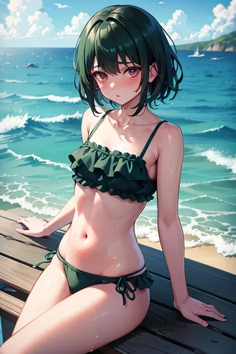 work of art , a girl, in the middle of the sea, ( dark green short hair:1.2), (Eyes red:1.2), (looks at viewer:1.2),  Messy hair, wet swimwear, blush 