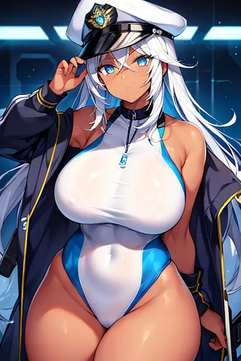 1girl, dark skin, dark-skinned female, police uniform, police, white hair, long hair, blue eyes, police hat, huge breasts, wide hips, thick thighs, policewoman, futuristic, neon trim, science-fiction, machinery, tech, blue trim, glowing eyes, toned female,...