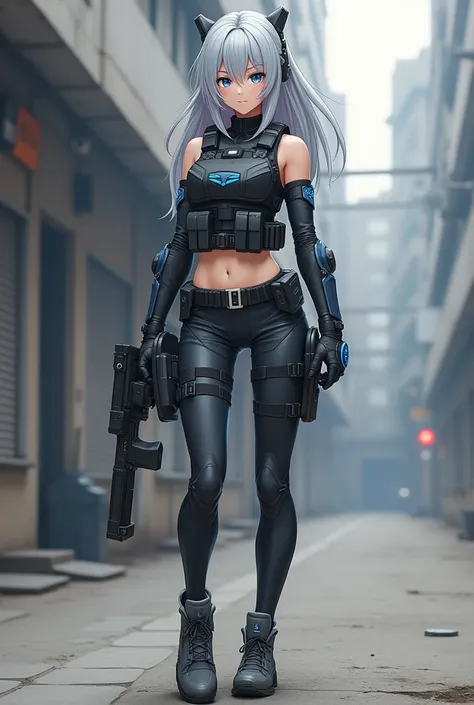 Blue Archive government: Wearing tactical equipment,Beautiful girl, Gray work shoes, hot pants,gray hair, tactical vest, (character design)