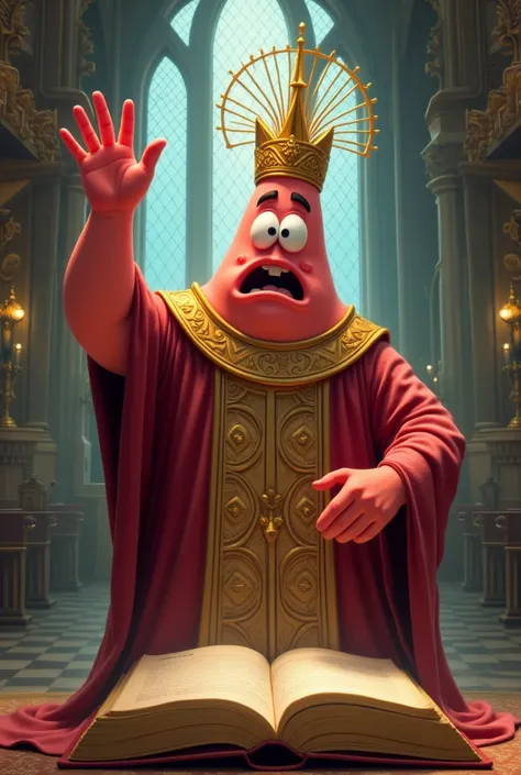 An image of Patrick Star prophesying in prophesying attire raising his hand over a blank book, inside a church 