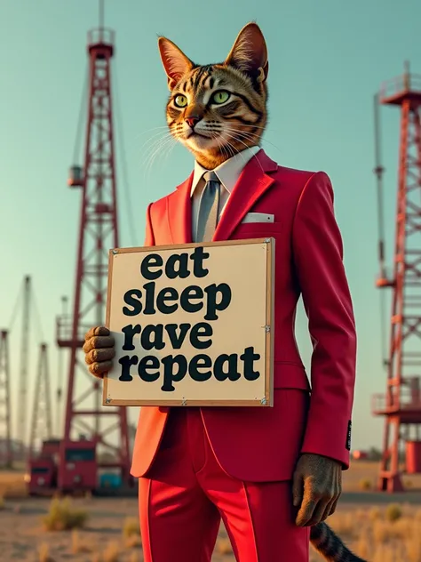 A life size human cat wearing a red suit, pants and jacket, holding a sign that says "eat sleep rave repeat", pumpjacks in the background, highly detailed, 8k, photorealistic, cinematic lighting, vibrant colors, epic, whimsical, trending on artstation, stu...