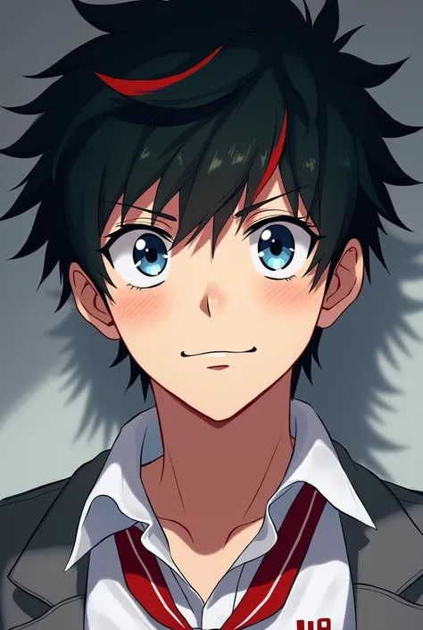 (Close-up of a better masterpiece:1.5) (realistic)
 My hero Academia. Handsome boy with short, wavy black hair with red highlights and blue eyes. Grey jacket, red tie and grey skirt with the UA logo. Attractive, rude, realistic face with freckles on his ch...