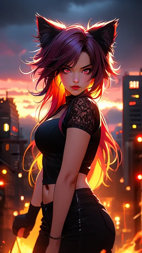 a very cute emo girl, shy pose, first date, neon hearts, romantic atmosphere, 1girl, cloud, solo, sunset, cloudy sky, animal ears, cat ears, glowing eyes, sky, red eyes, navel, fire, glowing, breasts, embers, looking at viewer, digital painting, oils, high...