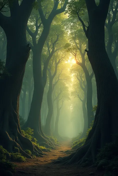 Les Forêts de lInterdit au crépuscule : Une forêt dense et ancienne, avec des arbres gigantesques aux troncs noueux, baignée dune lumière dorée du crépuscule. Les ombres des arbres sallongent, créant une atmosphère mystique et inquiétante.