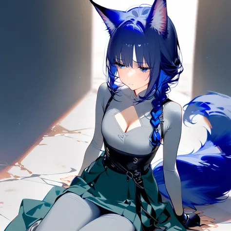 
1girl, solo, bangs, hair braided in a low long ponytail, long blue fox ears, grey blue bodysuit, gray big pants, high boots, big fox fire blue tail, dark blue hair, dark blue eyes, sad look, straps on the chest, straps on the waist, short gray-green skirt...