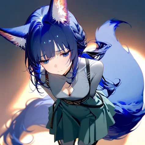 
1girl, solo, bangs, hair braided in a low long ponytail, long blue fox ears, grey blue bodysuit, gray big pants, high boots, big fox fire blue tail, dark blue hair, dark blue eyes, sad look, straps on the chest, straps on the waist, short gray-green skirt...