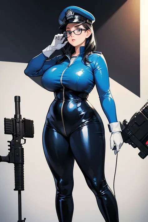 A chubby girl with black hair, freckles and glasses wearing a blue patent leather catsuit, wearing white gloves, white boots and a police cap, holding a submachine gun and standing at the scene of a crime　Police car