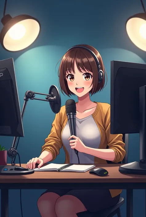 A woman sitting at a desk with a laptop and a microphone, sitting in front of a microphone, contraction serpentine, contraction serpentine/ludwig player, giving an interview, accurate portrait, taking control while smiling, H3H3, with a happy expression, A...