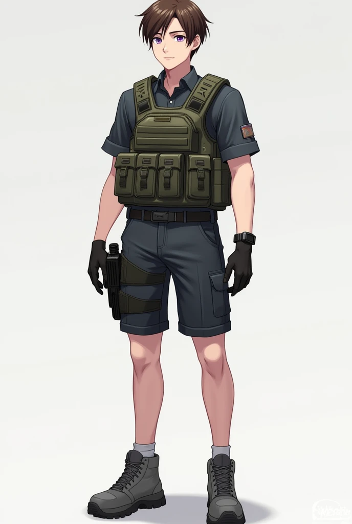 Blue Archive government: Wearing tactical equipment,beautiful boy, Fifth-rank, Gray work shoes, shorts, brown hair, tactical vest (character design) , purple eyes