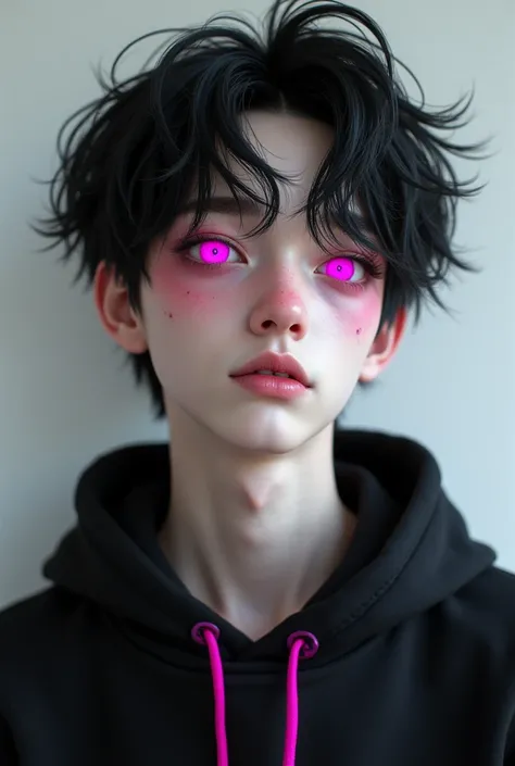 19 year old boy with white skin,
pale skin Messy hair 
Bright blood red 
light pink eyes
Very pink eyes
Pink eyes 
Bright Pink eyes
Wearing a black sweatshirt with pink details