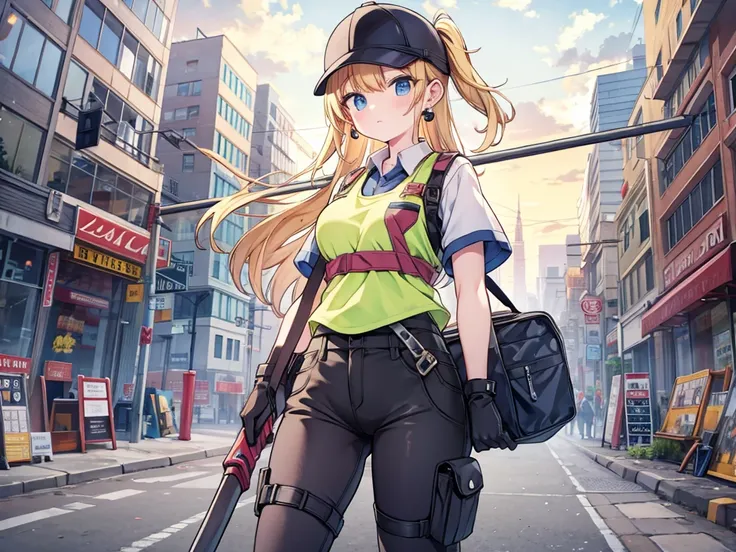 best quality,ultra detailed,
In the city,Road construction,Excavator,
full body,holding a Pickaxe,Digging the ground,1 little Construction worker girl,babyface,,blonde hair,shot hair,messy hair,,hair ribbon,earrings,medium breast,Work clothes,Safety vest,l...